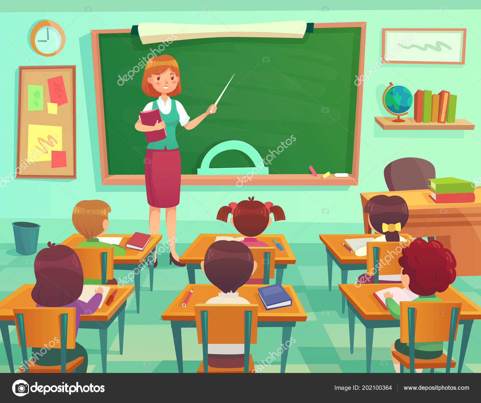 Classroom with kids. Teacher or professor teaches students in elementary  school class. Student learn on lessons vector illustration Stock Vector  Image by ©.com #202100364