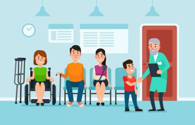 Doktor bekleme odası. Hasta doktor ve tıbbi yardım koltuk sandalye hastanede bekleyin. Hasta erkek ve kadın meşgul sağlık kliniği hall resepsiyonda Doktor karikatür renkli vektör çizim için bekleyin