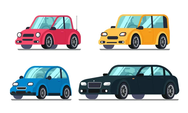 Diferentes carros rasos. Carro a motor barato sobre rodas, família híbrido sedan passageiro suv luxo premium veículo vetor ilustração —  Vetores de Stock