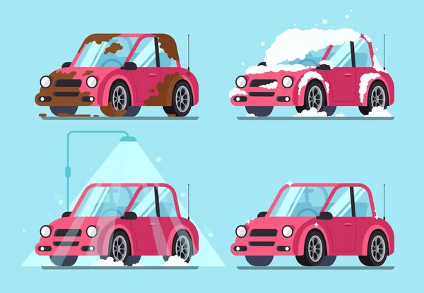 Lavando el coche sucio. Pasos de limpieza de coches de barro y suciedad cubierta para limpiar y brillante ilustración vectorial — Vector de stock