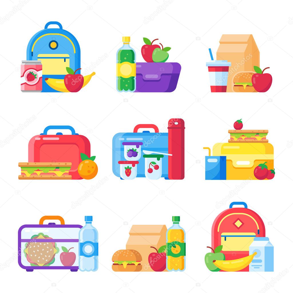 Kids school lunch box. Schoolkid meal bag for dinner. Red apple, milk snack dinners in children food boxes flat vector set