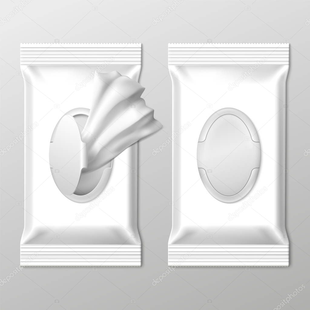 Wet wipes packing. Empty packaging sticks with white wrap for napkin. White wipe package isolated vector set