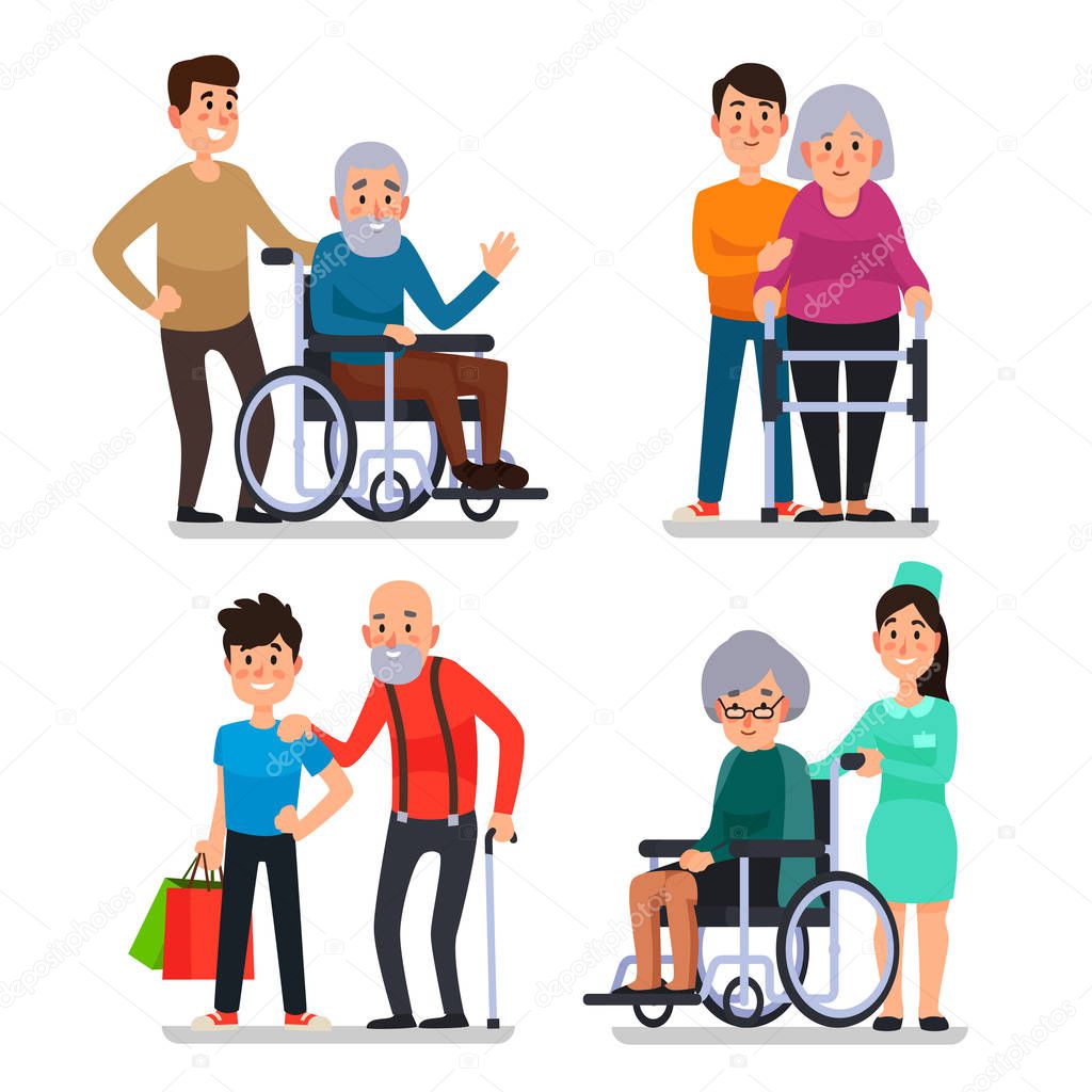 Help old disabled people. Social worker of volunteer community helps elderly citizens on wheelchair, senior with cane vector illustration