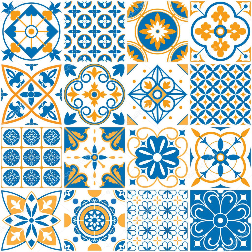 Mediterranean pattern. Decorative lisboa seamless patterns. Ornamental elements for portugal decor mosaic tiles vector set