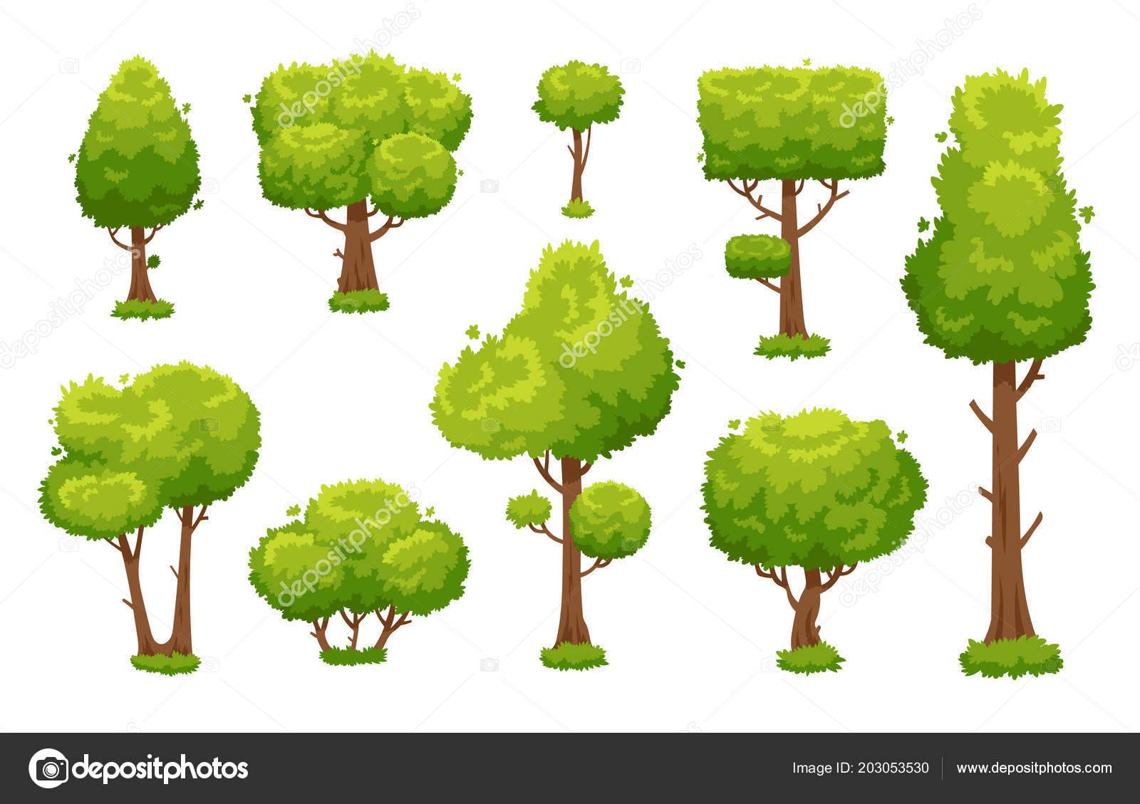 Árvore de desenho animado e madeira vegetação verde floresta com tronco de  toco e galhos conjunto isolado de vetores