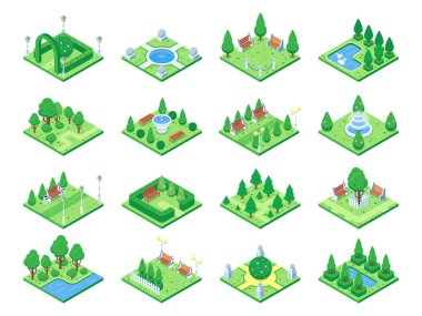 Doğa Orman elemanları, bitkiler sembolü ve şehir 3d izometrik oyun haritası için yeşil ağaçlar. İzole park ağaç vector Icons set