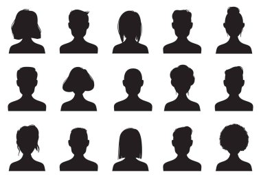 Simgeler siluetleri profil. Anonim insanlar yüz siluet, kadın ve erkek baş avatar simgesi. Küme sohbet erkek veya kadın resimleri vektör