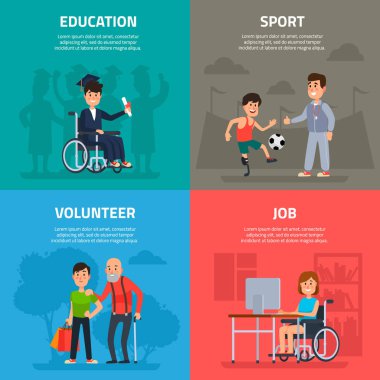 Engelli kişilere yardımcı olmak. Gönüllü iş, spor ve rehabilitasyon, eğitim ve iş aradığını duydum özürlü kişi vektör ayarla