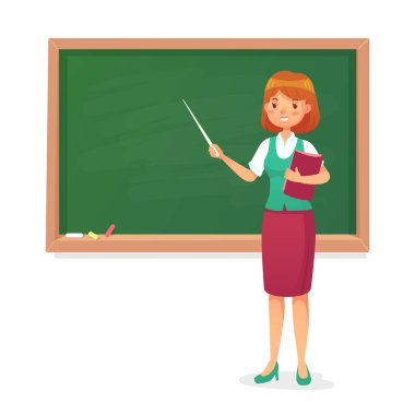 Kara tahta ve öğretmen. Kadın profesörü blackboard öğretmek. Dersler kadın öğretmenler, okul yönetimi çizgi film illüstrasyon vektör