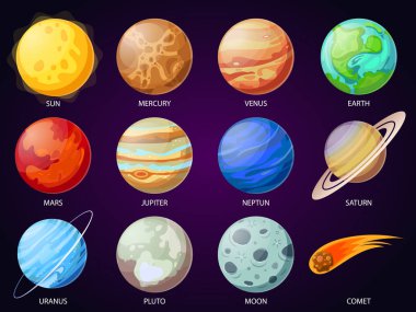 Güneş sistemi gezegenler karikatür. Astronomik Gözlemevi gezegen, meteor ve yıldız. Astronomi vector Icons set