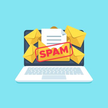 Tam e-posta gelen kutusu spam. Bilgisayar ekranı üzerindeki posta spam harflerle. Bilgisayar virüs aldatmaca iletilerinde mektup vektör çizim