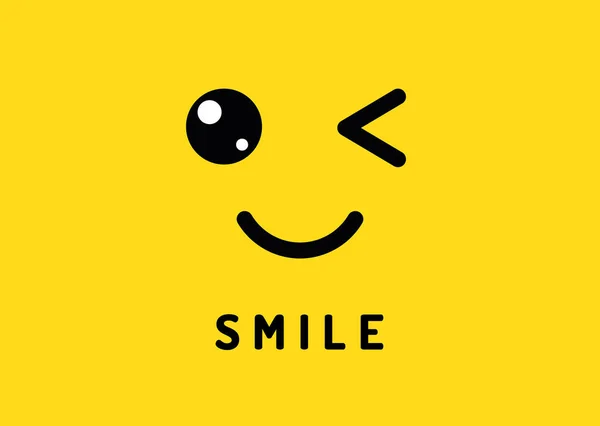 Sonríe y guiña. Cara sonriente feliz, guiño divertido aislado sobre fondo amarillo. Risa y sonrisas vector de banner — Vector de stock