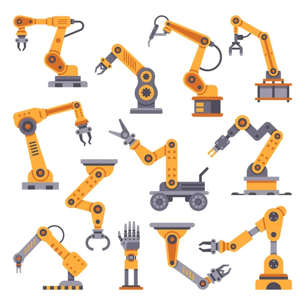 Robotic arms set. Manufacturing automation technology. Industrial robot arm machine. Factory assembly robots flat design vector set — Stock Vector