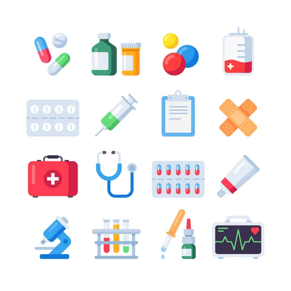 Iconos de píldora plana. Dosis de medicamento para el tratamiento. Botella de la medicina y pastillas en blister paquetes icono de dibujos animados conjunto — Vector de stock