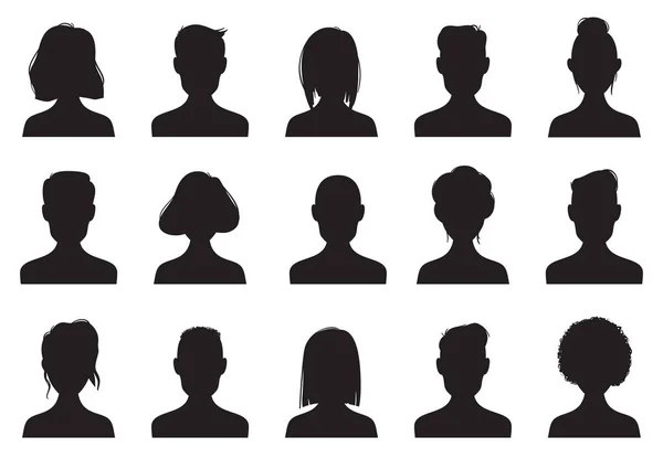 Profil ikoner silhuetter. Anonyma människor ansikte silhouette, kvinna och man huvudet avatar ikonen. Chatt-manliga eller kvinnliga bilder vektor set — Stock vektor