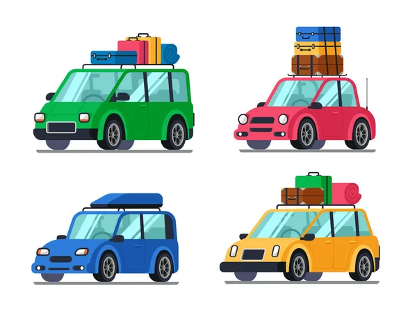 Maşini de călătorie. Mașină cu unelte de turism și bagaje pentru călătorii de familie. Set de ilustrații vectoriale plat pentru vehicule hibride — Vector de stoc