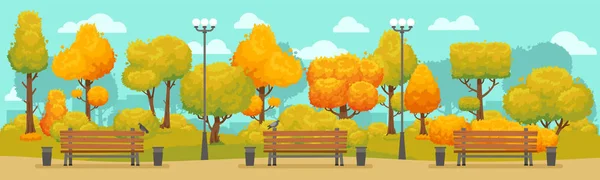 Dibujos animados otoño parque panorama. Ciudad otoñal parques carretera con árboles amarillos y rojos. Otoño calle árbol vector panorámico fondo — Archivo Imágenes Vectoriales