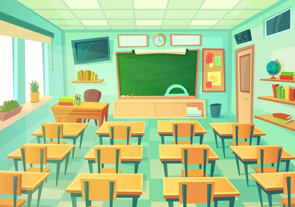 Kelas kartun kosong. Ruang sekolah dengan papan tulis dan meja kelas. Ilustrasi vektor interior ruang kelas matematika modern - Stok Vektor
