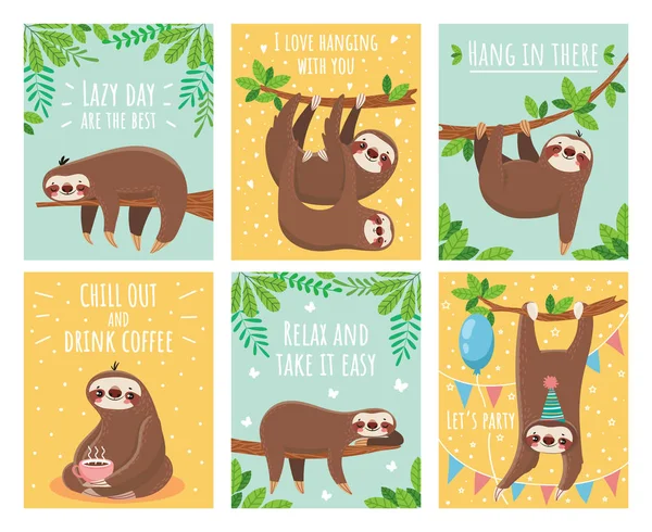 Biglietto d'auguri con pigro bradipo. Cartone animato carino bradipi carte con motivazione e testo di congratulazione. Set illustrazione animali addormentati — Vettoriale Stock