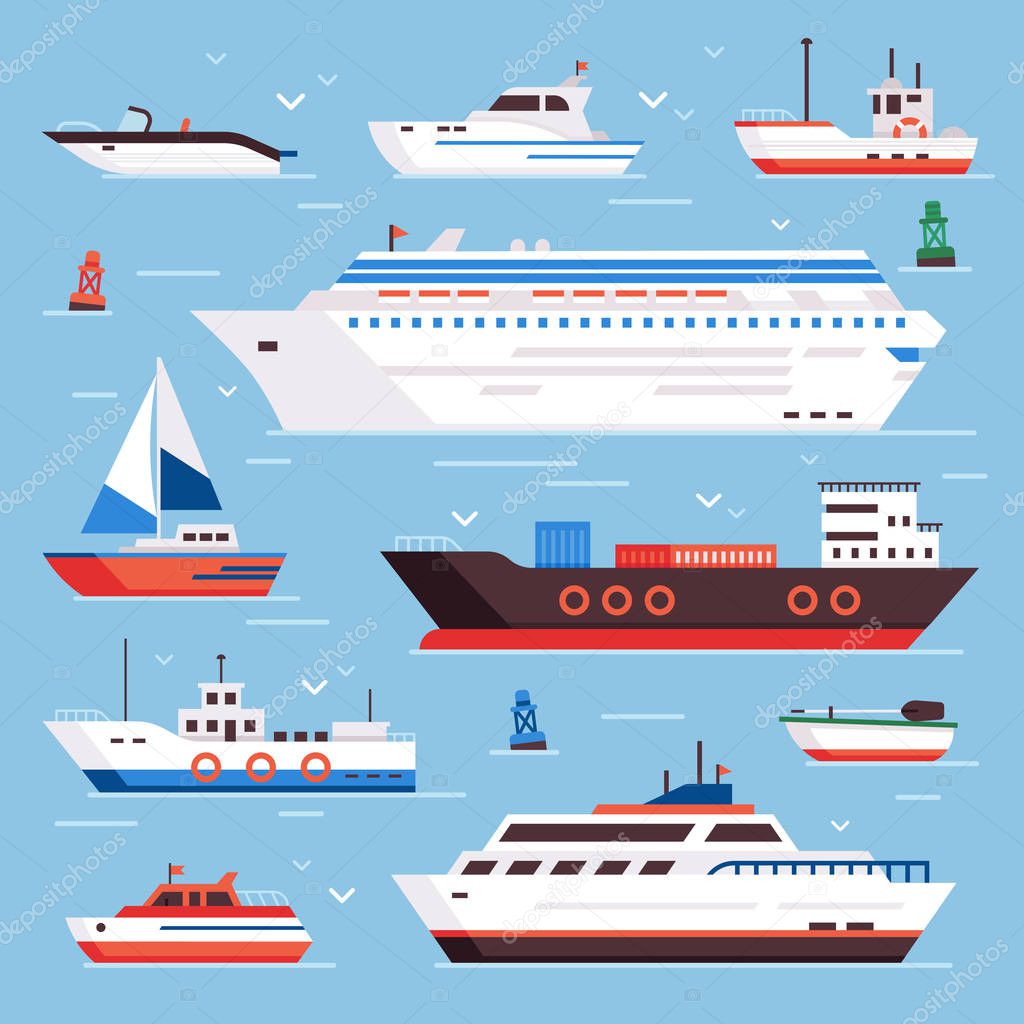 Sea ships. Cartoon boat powerboat cruise liner navy shipping ship and fishing boats isolated front view vector illustration
