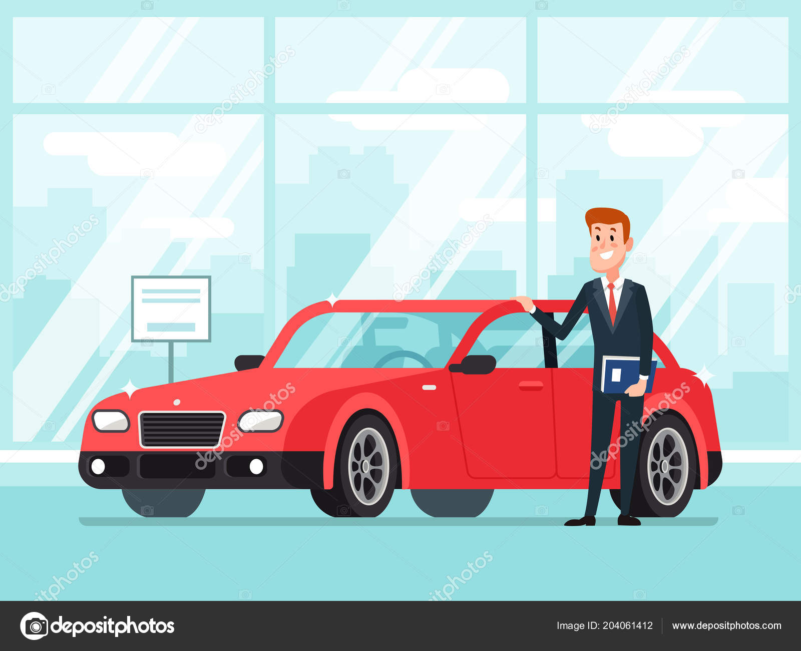 Car salesman in dealer showroom. New cars sales, happy seller shows premium  vehicle to buyer cartoon concept illustration Stock Vector Image by  ©.com #204061412