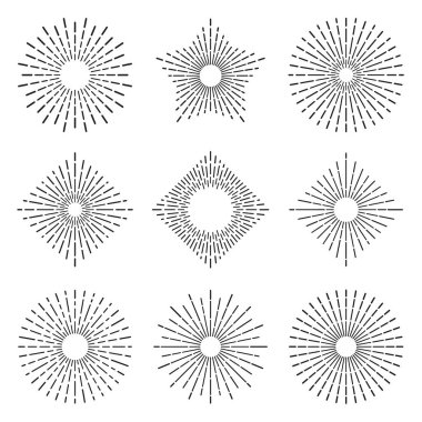 Retro sunburst. Hatları zarif ışık saçan güneş ışınları. Vintage güneş patlama daireler, veri bloğu satırı soyut vektör ayarla