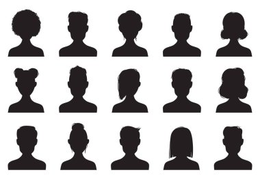 Kullanıcılar siluet simgeler. Erkek ve kadın baş siluetleri. Anonim kişi kafaları avatar vektör Icon set