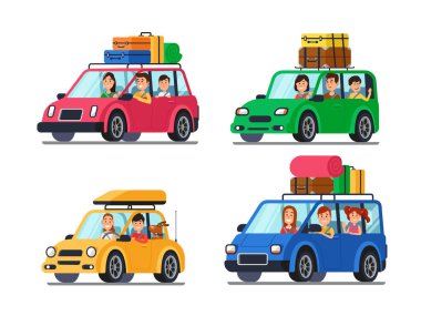 Aile araba seyahat. Mutlu insanlar arabada seyahat. Anne ve babayla minivan karikatür vektör çizim içinde tatil gezisi