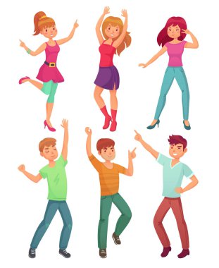 Çizgi film dans. Yetişkin kişiler gülümseyen ve Genç eğlenceli dans gençler arkadaş şirket parti disko. Komik parti kişi teen mutlu dansçı pozlar renkli vektör illüstrasyon izole Icon set
