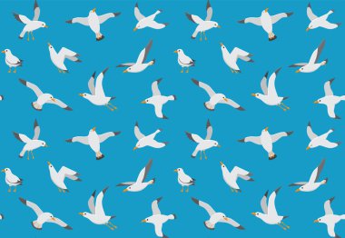Martılar seamless modeli. Çizgi film deniz üzerinde uçan martı. Deniz vektör sonsuz doku