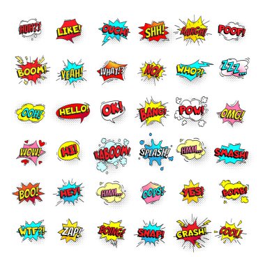 Komik kabarcıklar. Çizgi film metin balonları. POW ve zap, smash ve boom ifadeler. Konuşma balonu vektör pop art çıkartma izole