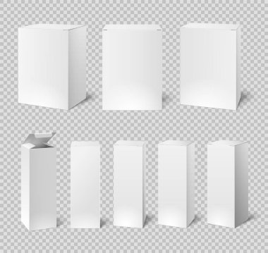 Boş beyaz kutu. Dikdörtgen ilaç ve kozmetik ürün paketleme. 3D vektör izole kutusu örnekler