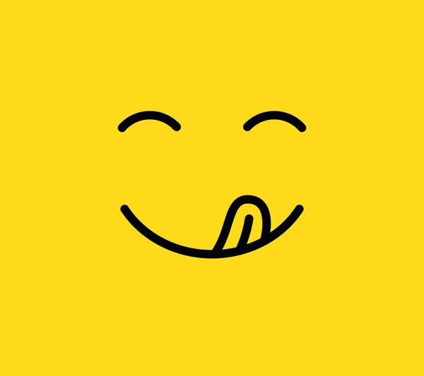 Un sourire délicieux. Délicieux, savoureux visage emoji manger avec la bouche et la langue. Humour faim drôle ligne vectoriel icône — Image vectorielle