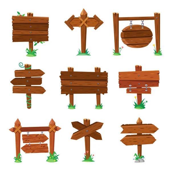 Letreros en hierba verde. Paneles de madera señales de tráfico, letreros de madera o paneles de señalización aislados conjunto de vectores de dibujos animados — Vector de stock