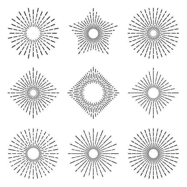 Coup de soleil rétro. Élégantes lignes de rayons de soleil rayonnants. Vintage cercles éclatants de soleil, ligne éclatante ensemble vectoriel abstrait — Image vectorielle