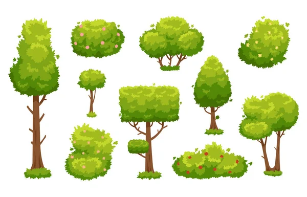 Árboles de dibujos animados y arbustos. Plantas verdes con flores para el paisaje de vegetación. Árbol del bosque natural y setos vector arbusto conjunto — Vector de stock