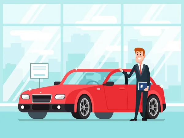 De autoverkoper in de showroom van dealer. Verkoop van nieuwe auto's, gelukkig verkoper aantoont premie voertuig op koper cartoon concept illustratie — Stockvector