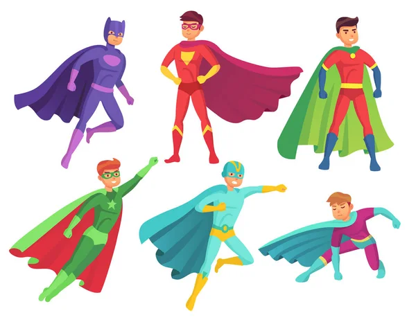 Personajes de superhéroe. Personaje héroe musculoso de dibujos animados en colorido super traje con capa ondulante. Volar superhéroes vector conjunto — Vector de stock