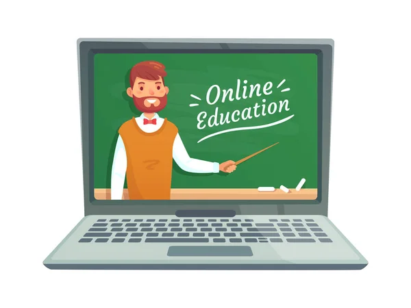 Formazione online degli insegnanti. Professore insegnare a scuola lavagna sullo schermo del computer portatile. Illustrazione vettoriale di formazione all'apprendimento remoto — Vettoriale Stock