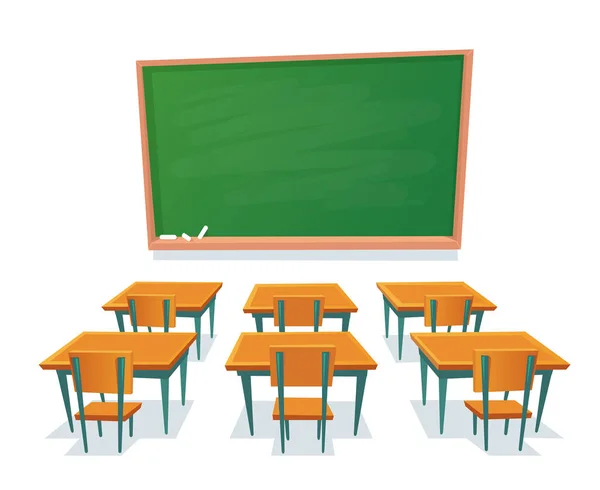 School schoolbord en bureaus. Leeg schoolbord, klas houten bureau en stoel geïsoleerd cartoon vectorillustratie — Stockvector