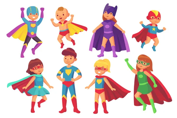 Personajes infantiles de superhéroes de dibujos animados. Niño alegre vistiendo traje de superhéroe con máscara y capa. Niños superhéroes conjunto vectorial aislado — Archivo Imágenes Vectoriales