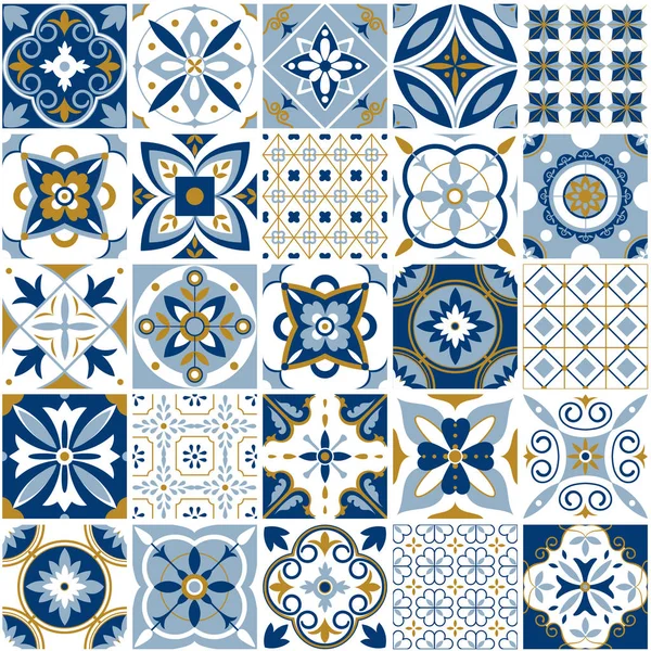 Padrão marroquino. Decoração textura da telha com ornamento azul. Tradicional arábica e indiana cerâmica azulejos sem costura padrões vetor conjunto — Vetor de Stock
