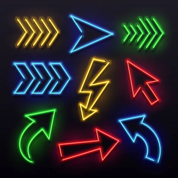 Flèches au néon réalistes. Lampe de signalisation à flèche nocturne. Signe lumineux en pointe de flèche et ensemble vectoriel de pointeurs directionnels lumineux — Image vectorielle