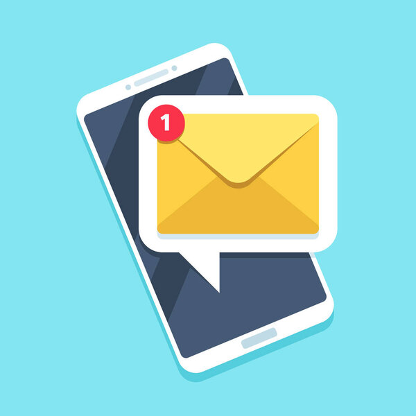 Flat email notification on smartphone. Sms icon or mail message reminder on mobile phone vector illustration