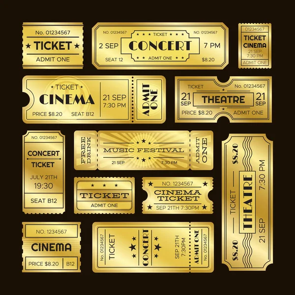 Billets dorés. Admets un set de tickets de cinéma en or. Vip parti coupon vectoriel modèles — Image vectorielle