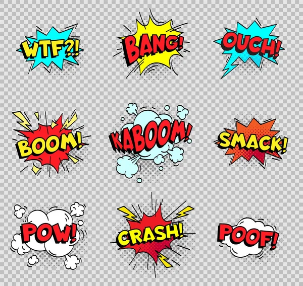 Comic speech bubbles. Cartoon explosions text balloons. Wtf bang ouch boom smack pow crash poof popping vector shapes isolated — Stock Vector