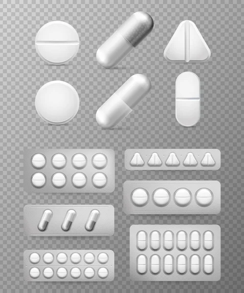 Comprimidos 3d set. Comprimido branco, droga e pílula. Medicina close-up cápsulas isoladas. Aspirina analgésico paracetamol drogas conjunto vector embalagem —  Vetores de Stock