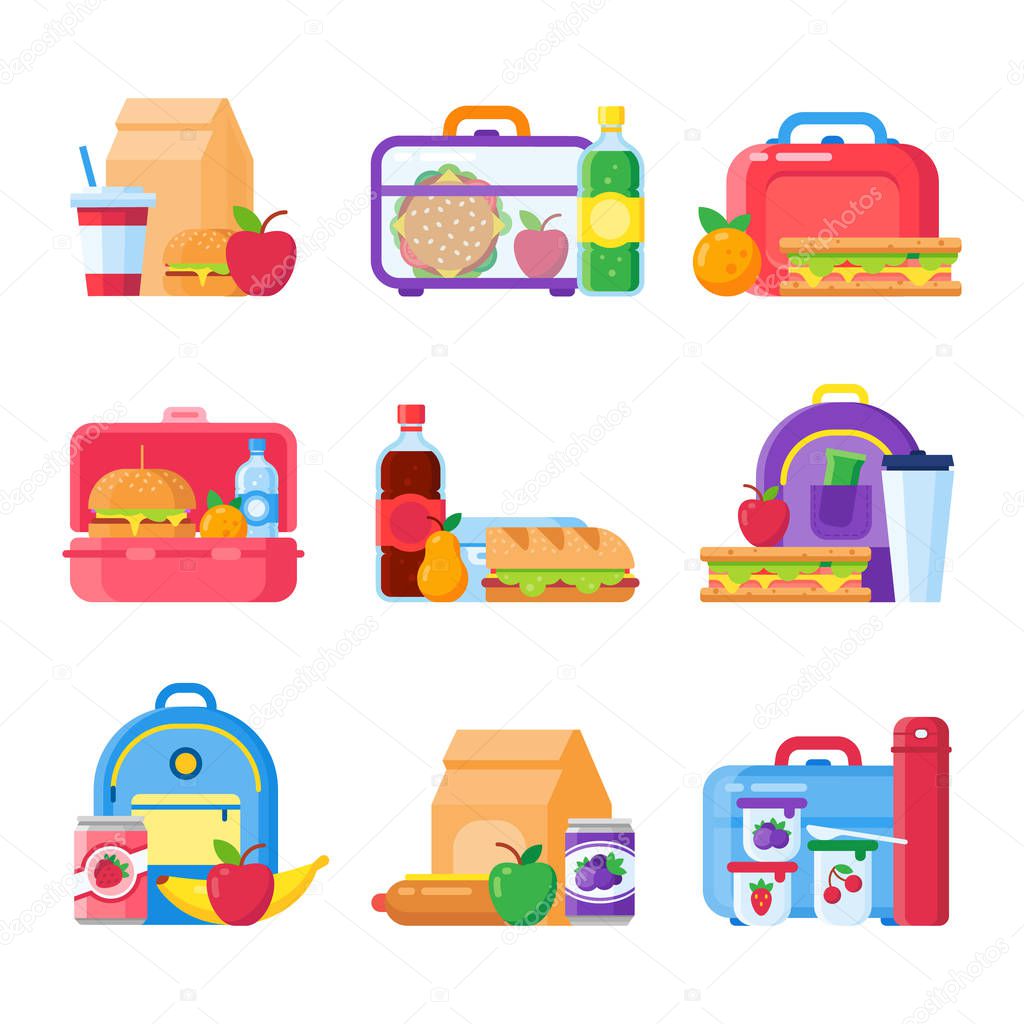 School kid lunch box. Healthy and nutritional food for kids in lunchbox. Sandwich and snacks packed in schoolkid meal bag vector icons