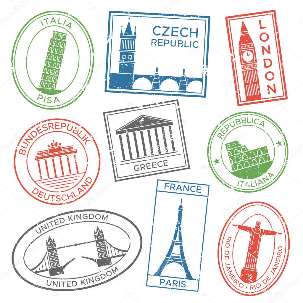 Vintage travel stamps for postcards with europe countries architecture attractions. Post stamp stickers for travels postcard vector set
