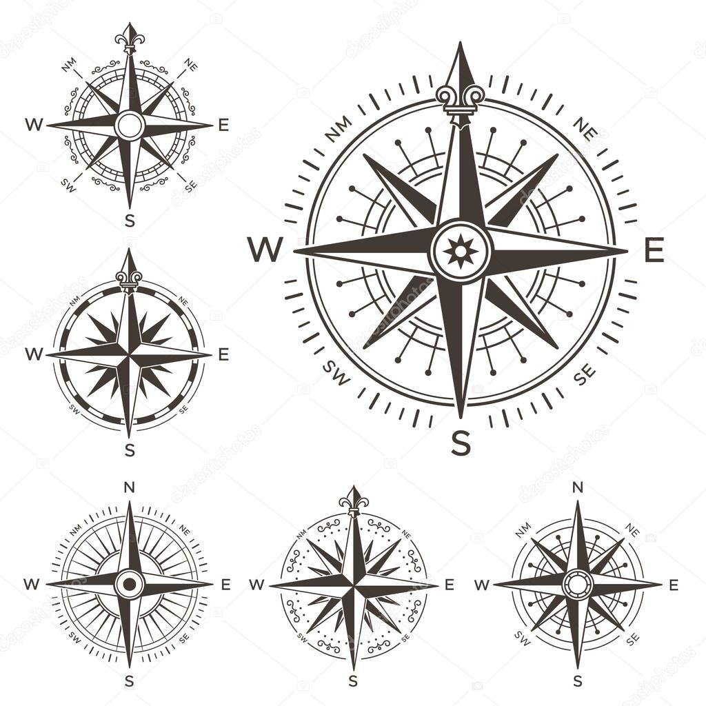 Retro nautical compass. Vintage rose of wind for sea world map. West and east or south and north arrows symbol isolated vector set